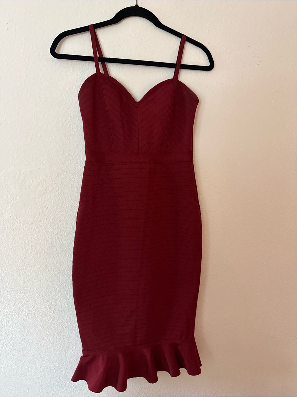 Windsor Burgundy Spaghetti Midi Dress with Ruffle Hem